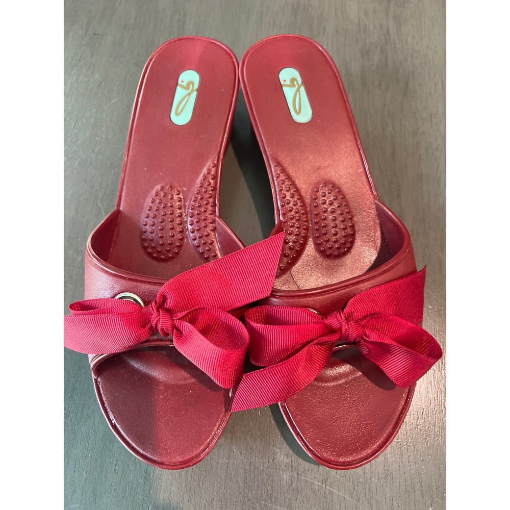 Oka-B Red Jelly Slide Sandals Low Wedge Bow Accent Womens Size M 7-7.5 Preppy